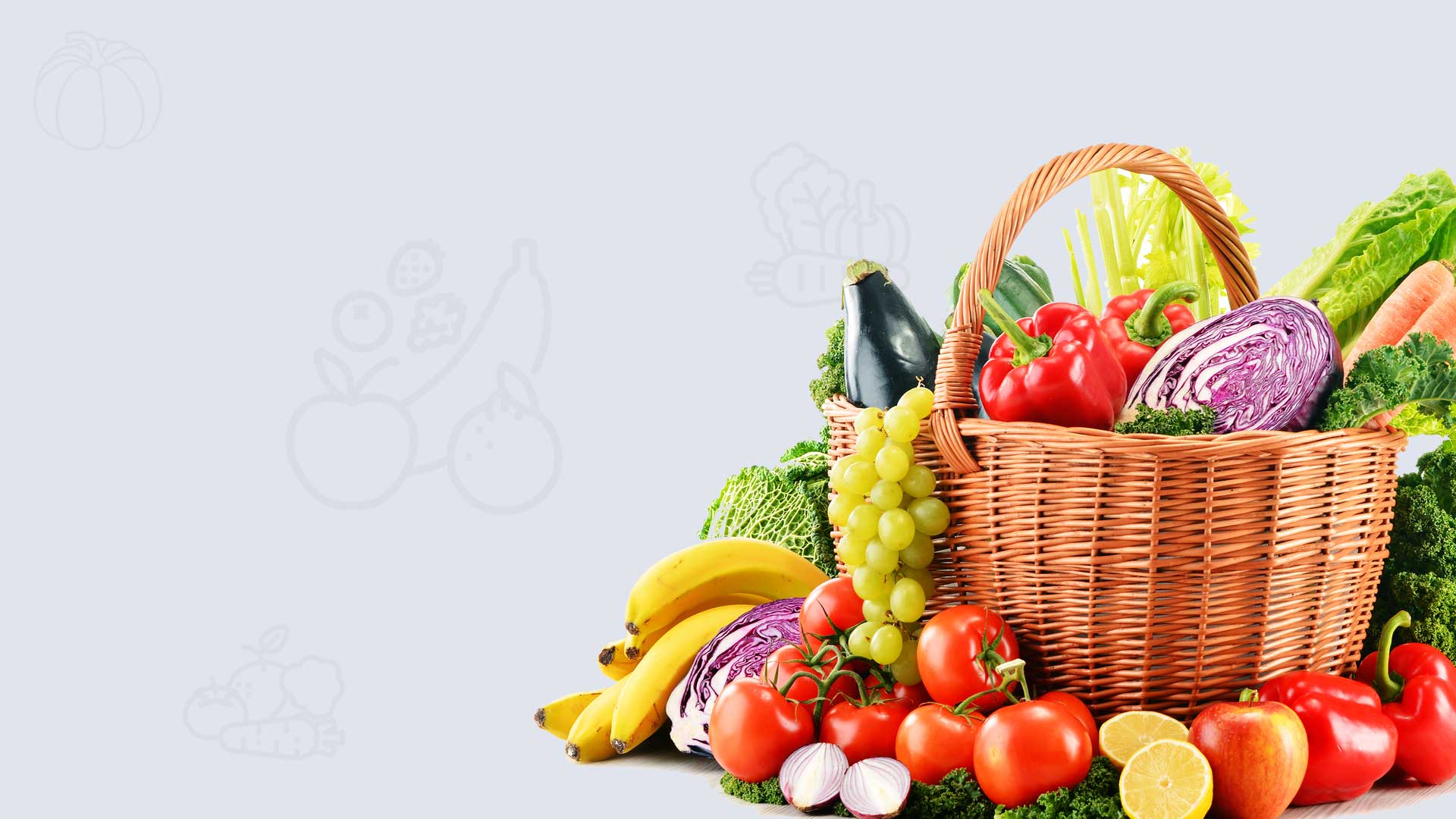 Basket of fresh vegetables and fruit ready for a pantry family